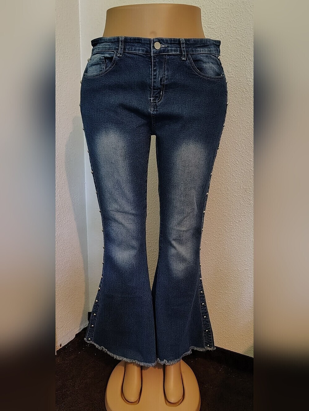 Jeans Brand Stud Leg High-Rise Fitted Blue Flare Bell Bottom Jeans Frayed Faded